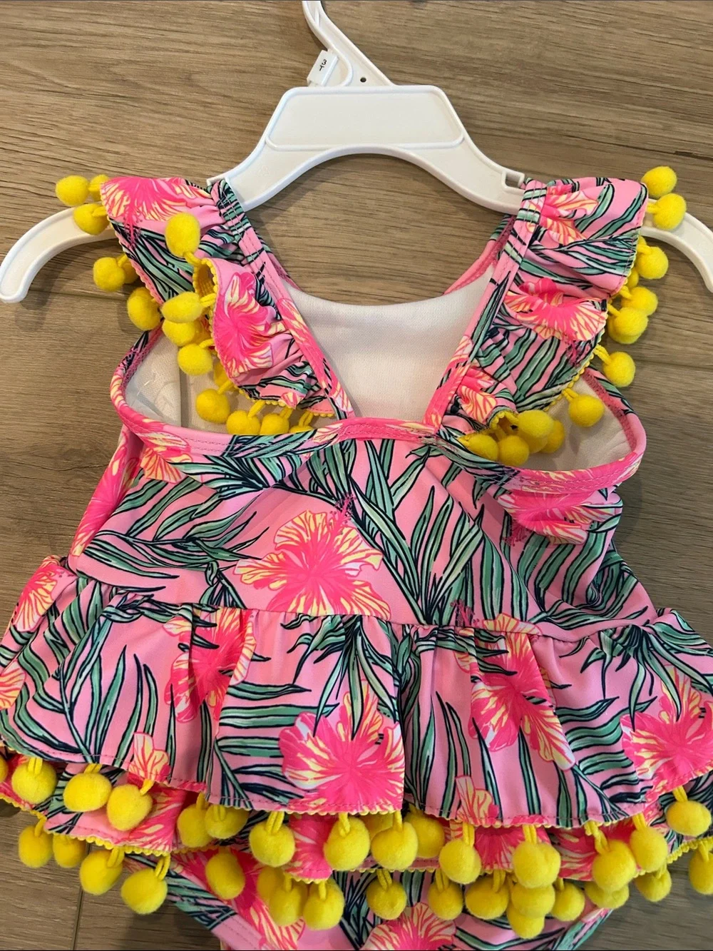 NWT Nicole Miller Infant Girl Pink One-Piece Tropical Pom-Pom Swimsuit 12Months